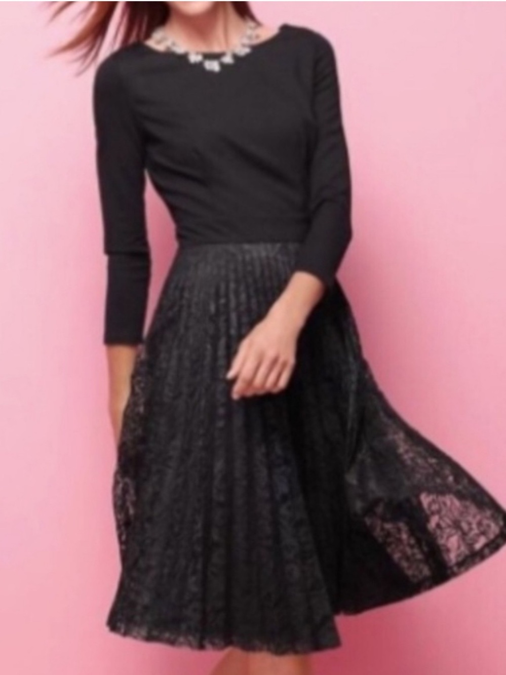 Talbots Mixed Media Pleated Midi Dress Women’s Size 16W Lace Skirt Ponte Knit